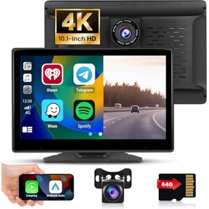 Hikity Autoradio Portable sans Fil Apple Carplay & Android Auto 10,1 Pouces avec Dashcam 4K Avant, Caméra de Recul AHD, Câble Vidéo 15M, Bluetooth, Mirror Link, Transmetteur FM, Câble AUX, Carte TF 64G - Publicité