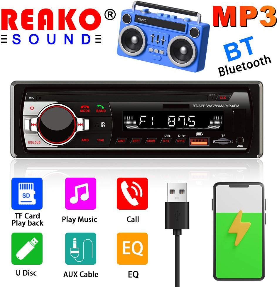 REAKOSOUND Car Radio 1 din Stereo Player Digital Bluetooth Car MP3 Player 45Wx4 FM Radio Stereo Audio Music USB/SD with In Dash AUX Input