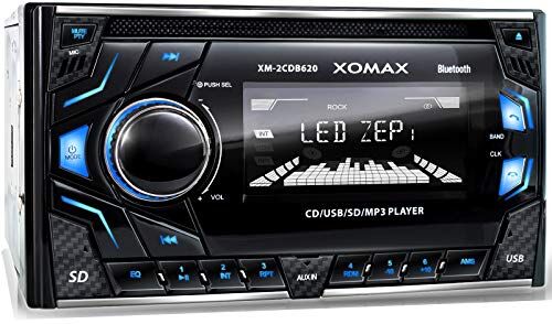 XM-2CDB620 XOMAX  bilstereo med CD-spelare + Bluetooth handsfree & musik streaming + USB-port (spelar upp till 128 GB) och mikro-SD-kortplats (spelar upp till 128 GB) för MP§ & WMA + 3 ljusa färger justerbar: Blå röd grön + AUX-IN + FM-radio + dubbelDIN/2-DIN standardmått + 2x anslutning för subwoofer + fut-anslutning uristisk design: kol kol look + inkl. fjärrkontroll, trimning och bur