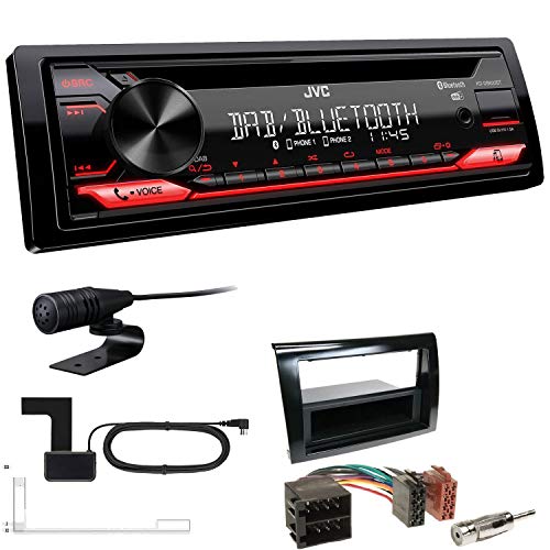 KDDB622+Einbauset JVC KD-DB622BT 1-DIN digital bil radio inkl. antenn lämplig för Fiat Bravo 2007–2014 pianolack svart