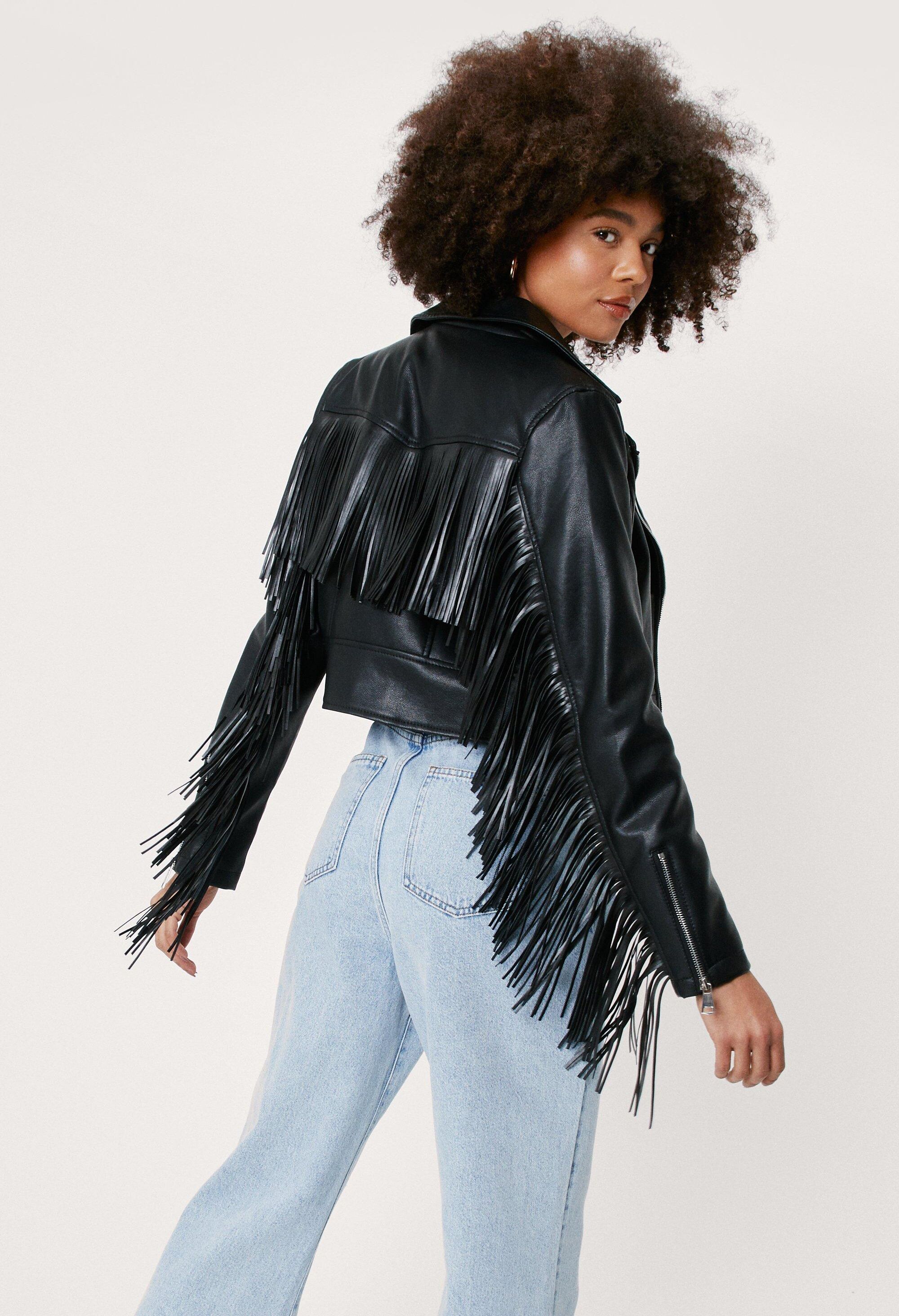 Nasty Gal Womens Faux Leather Fringed Moto Jacket - Black - M, Black