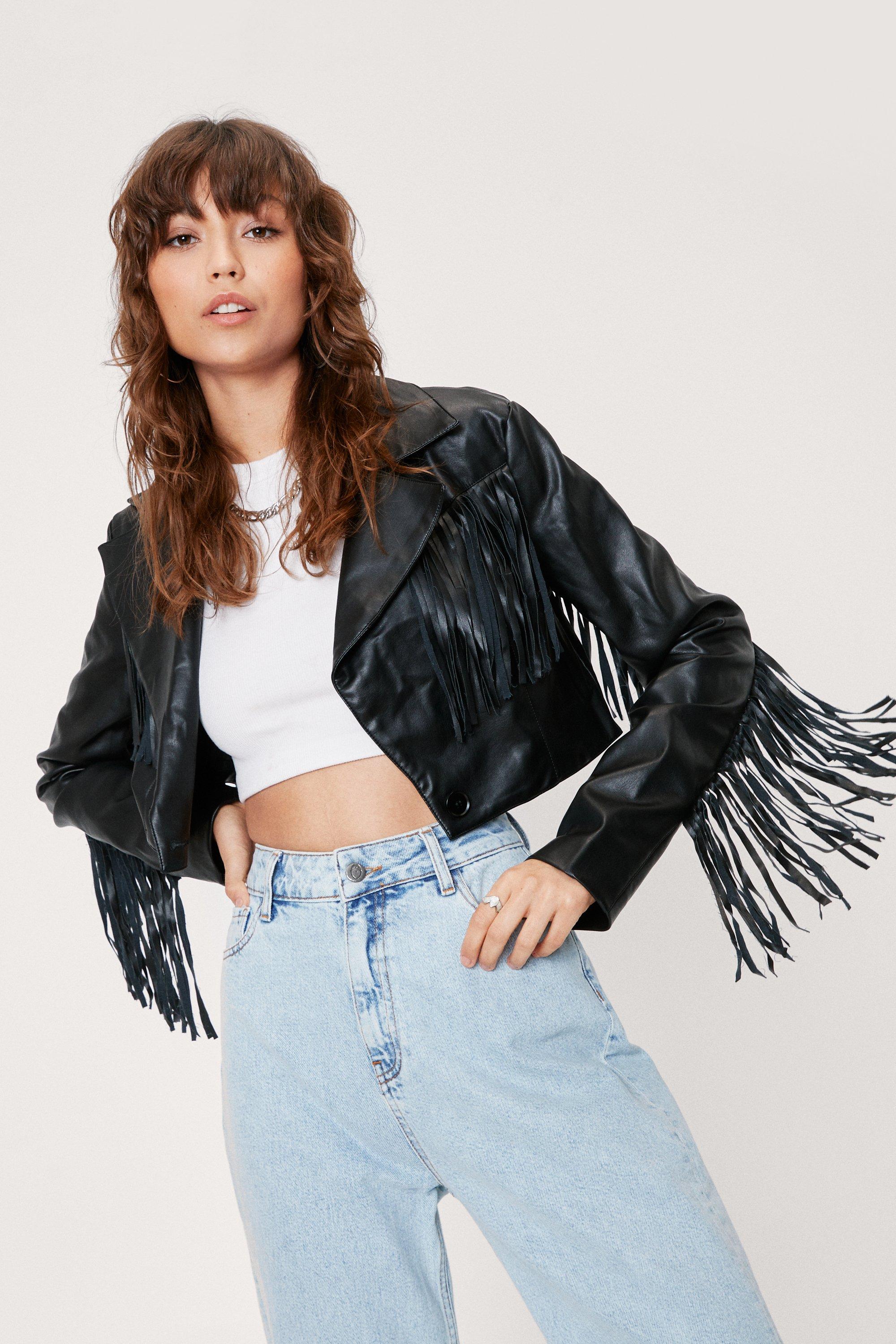 Nasty Gal Womens Faux Leather Fringed Cropped Jacket - Black - L, Black