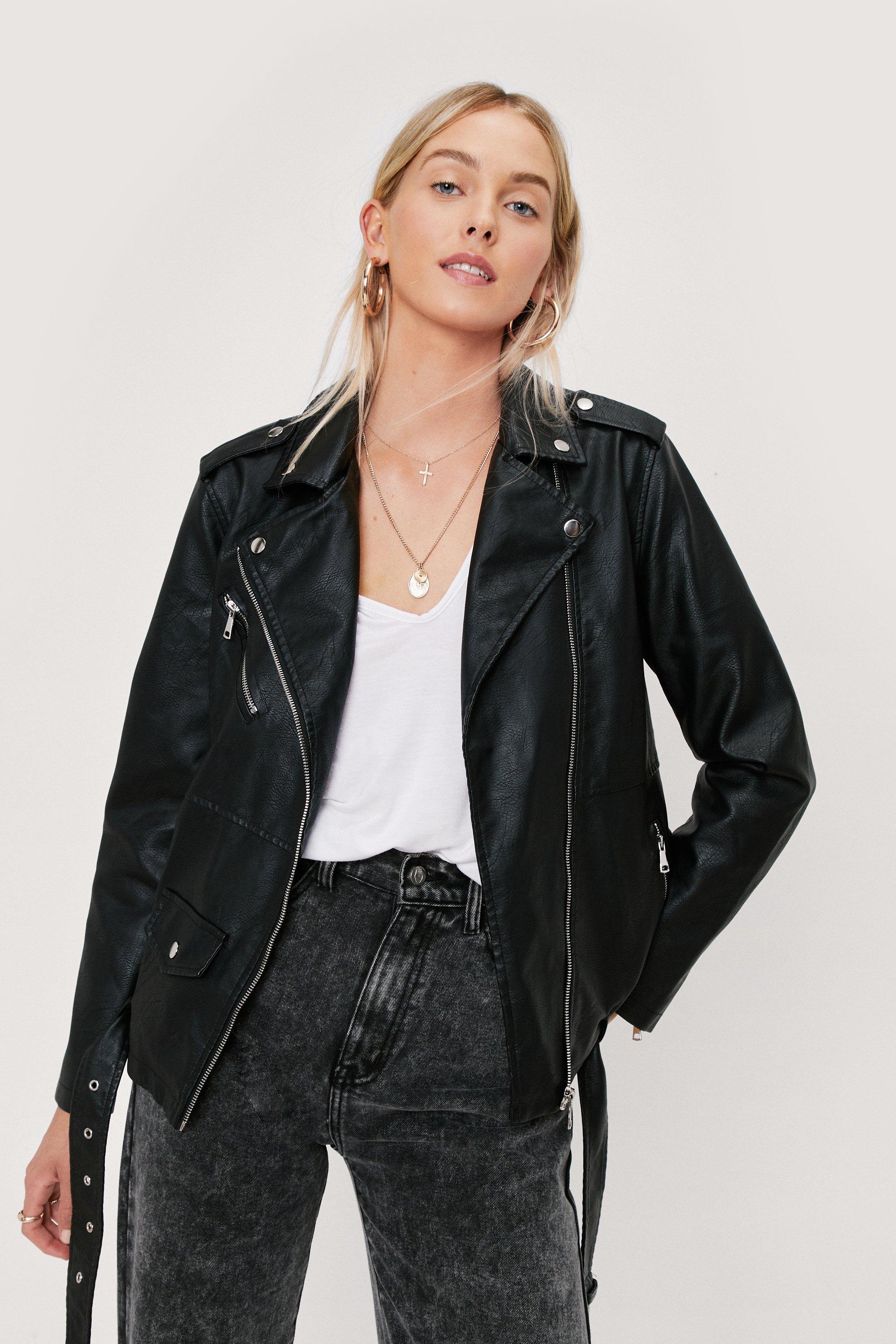 Nasty Gal Womens Faux Leather Belted Biker Jacket - Black - 14, Black