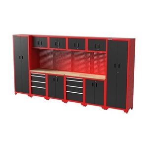 FEISTOS Werkstatteinrichtung   Werkzeugschrank Juno 11   inkl. Lochwand   Schwarz/Rot   396x46x198 cm