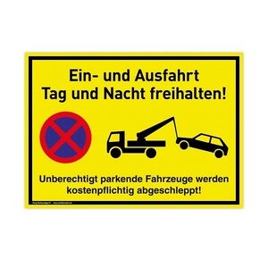 Großes Schild Ein- und Ausfahrt   PVC 42x30 cm   Tag und Nacht freihalten Unberechtigt parkende Fahrzeuge werden kostenpflichtig abgeschleppt   gelb