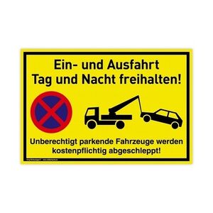 Schild Ein- und Ausfahrt   PVC 30 x 20 cm   Tag und Nacht freihalten Unberechtigt parkende Fahrzeuge werden kostenpflichtig abgeschleppt   gelb   PVC-