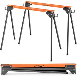 COSTWAY Lot de 2 Tréteaux de Sciage Pliables Métalliques Charge 500 kg, Tréteaux Portable avec 2x4 Bras de Support Pieds à Ouverture Rapide pour