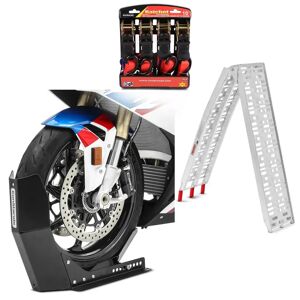 ConStands Set: Auffahrrampe Alu CS1 + Motorradwippe Easy Fix klappbar max. 340kg + Spanngurt Set mit Ratsche und Haken inkl 4x Zurrschlaufe in schwarz