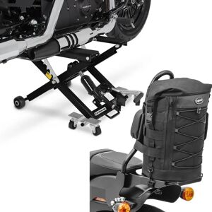 Set: Motorrad Hebebühne Midlift XL bis 500kg in sw ConStands mit Sissybar Tasche passend für Chopper und Cruiser Hecktasche DB4