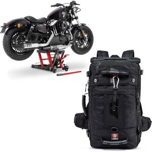 Set: Hebebühne Midlift L passend für Chopper / Custombike bis 680 kg rot ConStands mit Motorrad Rucksack HK4 Hecktasche 45Ltr sw CB38656