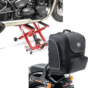 Set: Motorrad Hebebühne Midlift XL bis 500kg in rot ConStands mit Sissybar Tasche TM4 Hecktasche 39-49 Liter sw