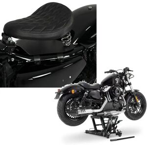 Craftride Set: Solo Federsattel mit Grundplatte SG11 schwarz + Hebebühne Midlift L Motorradheber passend für Chopper / Custombike bis 680 kg CB40006