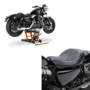 Set: Solo Sitz passend für Harley Davidson Sportster 04-20 Craftride SR4 Sitzbank + Motorrad Hebebühne ConStands Midlift L Motorradheber für Chopper bis 680kg in orange