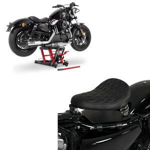 Craftride Set: Solo Federsattel mit Grundplatte SG11 schwarz + Hebebühne Midlift L Motorradheber passend für Chopper / Custombike bis 680 k CB40005