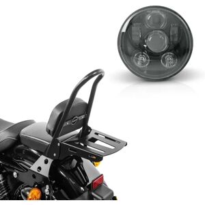 Set: Sissybar+Gepäcktr. Abnehmbar CSM passend für Harley Davidson Sportster Forty-Eight 48 10-20 sw Craftride + LED Scheinwerfer 5,75 Zoll passend für Harley Davidson Hauptscheinwerfer schwarz Craftride