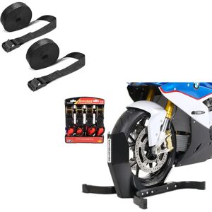 ConStands Set: Easy Plus - Motorradwippe inklusive 4-fach Spanngurt-Set passend für Anhänger + Spanngurt Set Zurrgurte 150cm 2 Stück in schwarz