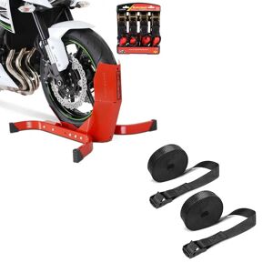 ConStands Set: Easy Plus rot - Motorradwippe inklusive 4-fach Spanngurt-Set + Spanngurt Set Zurrgurte 150cm 2 Stück in schwarz