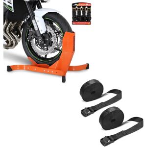 ConStands Set: Easy Plus - Motorradwippe inklusive 4-fach Spanngurt-Set orange + Spanngurt Set Zurrgurte 150cm 2 Stück in schwarz