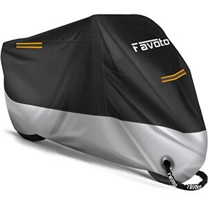 Favoto Housse de Protection Imperméable pour Moto Couverture 210D avec Bande Réfléchissante Résistant aux Poussière Pluie Neige UV Vent Soleil Déjections d'oiseaux, 265x105x125cm Noir+Argent - Publicité