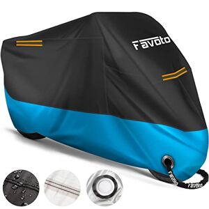 Favoto Housse de Protection Imperméable pour Moto Couverture 210D avec Bande Réfléchissante Résistant aux Poussière Pluie Neige UV Vent Soleil Déjections d'oiseaux, 295x105x125cm Noir+Bleu - Publicité