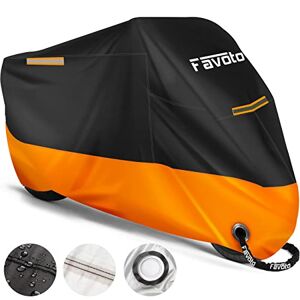 Favoto Housse de Protection Imperméable pour Moto Couverture 210D avec Bande Réfléchissante Résistant aux Poussière Pluie Neige UV Vent Soleil Déjections d'oiseaux, 220x105x125cm Noir+Orange - Publicité