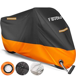 Favoto Housse de Protection Imperméable pour Moto Couverture 210D avec Bande Réfléchissante Résistant aux Poussière Pluie Neige UV Vent Soleil Déjections d'oiseaux, 265x105x125cm Noir+Orange - Publicité