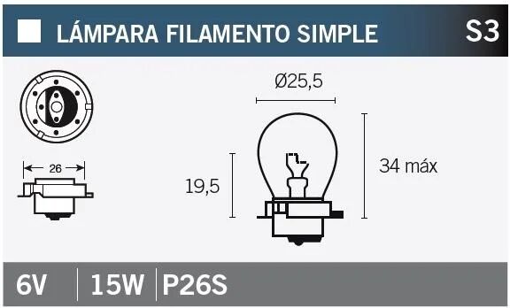 Ampoule Vicma S3 P26S simple filament 6V 15W