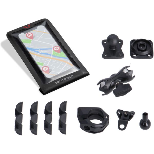 sw-motech kit di montaggio gps universale con borsa a secco per smartphone - braccio di presa da 2, per filettatura manubrio/specchietto