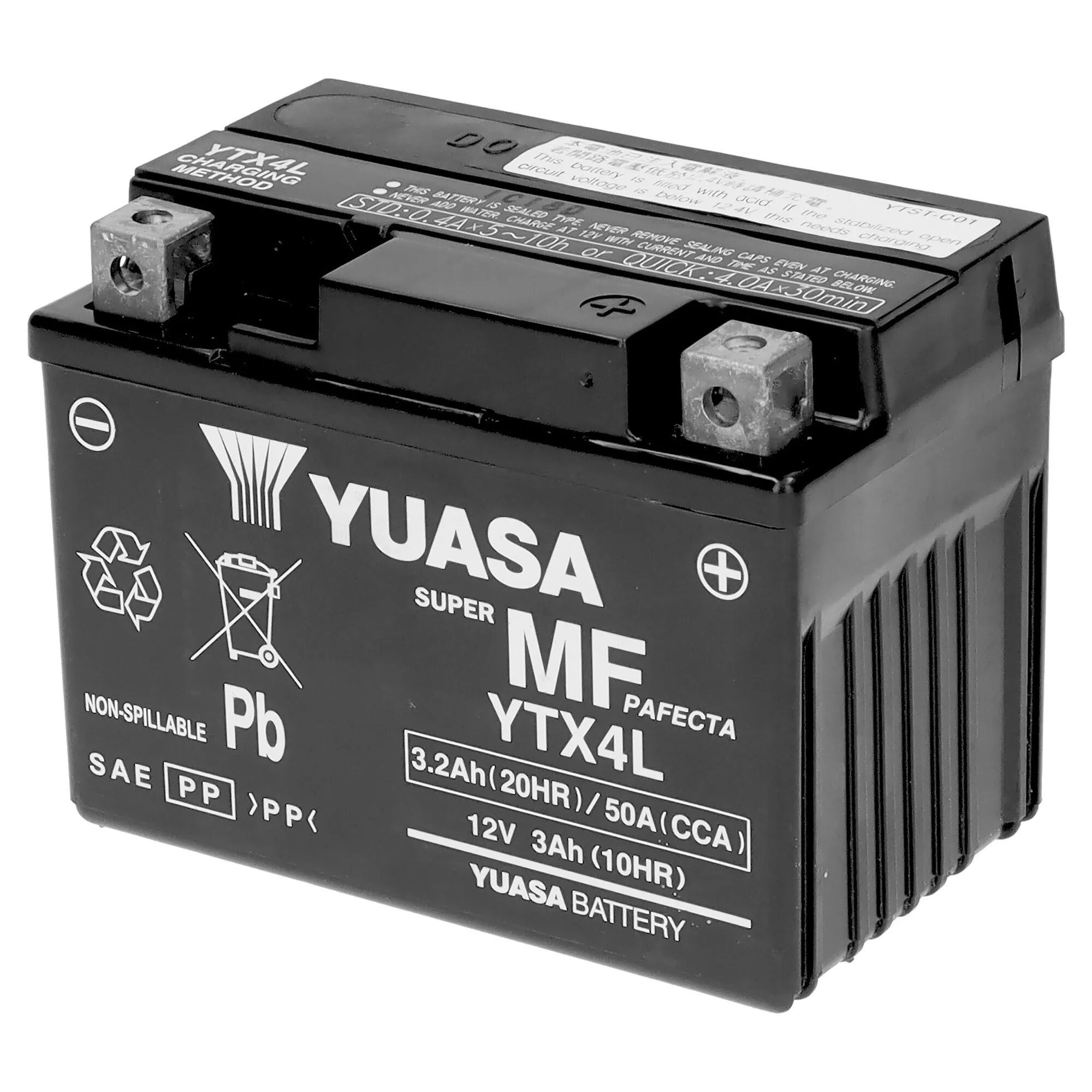 Yuasa BATTERIA MOTO 3 Ah 12 V  YTX4L-WC 114x71x86 mm (LxPxH) PESO 1,61 kg