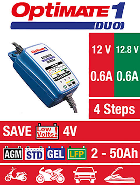 OPTIMATE 1 DUO (TM402-D), 12V/12.8V, 0.6A, 4-trinns lader for 2-20Ah Std/AGM/GEL/LFP