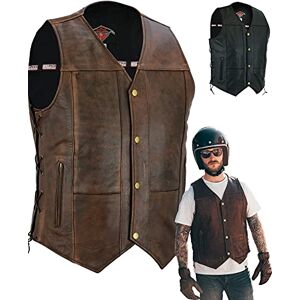 Texpeed Mens Real Leather Biker Waistcoat Vest Cut - Genuine Motorcycle/Motorbike Quality Zipped Pockets With Braided Laced Sides - Distressed Brown - (L)