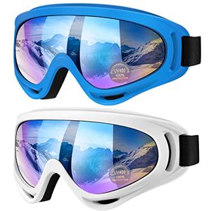 Vatefery Lot de 2 lunettes de ski, de planche à neige pour homme et femme, enfants, garçons et filles, jeunes, anti-reflets, anti-buée (bleu et blanc) - Publicité