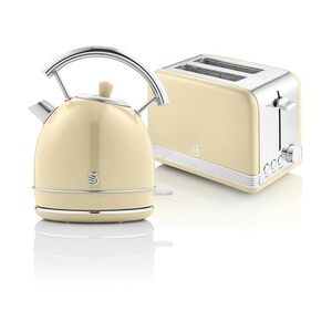 SWAN STP7050CNEU Retro Set Frühstück, Wasserkocher 1,8L Kabellos, 2 Breitschlitz-Toaster, Vintage, Creme, 850W