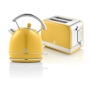 SWAN STP7050YELNEU Retro Set Frühstück, Wasserkocher 1,8L Kabellos, 2 Breitschlitz-Toaster, Vintage, Gelb, 850W