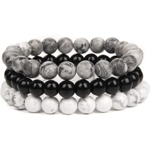 XYLS 8mm Natursten Armbånd Sæt Mænd Kvinder Rose Rhodonite Quartz Sort Onyx stabelbare håndledsperler Mala Charm Armbånd 3 STK (Hvid)