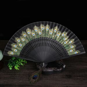 XYLS Sort Peacock Silk Bamboo Folde Fan, Inkluder en Silke Pouch, Japan