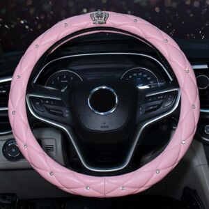 Ratdæksler med Bling Diamond, Universal Læder Anti-Slip Car Rat Cover Sparkly Crown Biltilbehør til kvinder Damer (Pink)