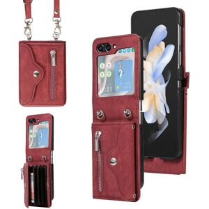 TG Case kompatibel med Samsung Galaxy Z Flip 5, Pu-cover med korsbånd og kortholdere Red