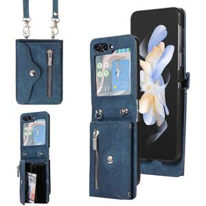 TG Etui kompatibel med Samsung Galaxy Z Flip 5, Pu-cover med korsbånd og kortholder Blå