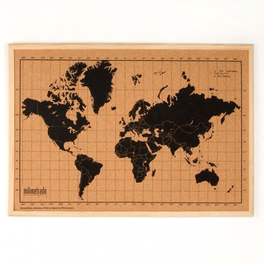 milimetrado verdenskort korkplade med træramme 70 x 50 cm sort brun