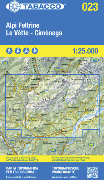 Tabacco Carta N.023 Alpi Feltrine / Le Vètte - Cimònega - 1:25.000