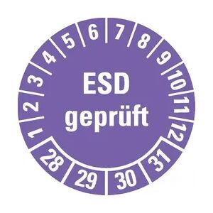 Dreifke® Prüfplakette ESD geprüft 28-31, violett, Dokumentenfolie, Ø 30mm, 18 Stk.