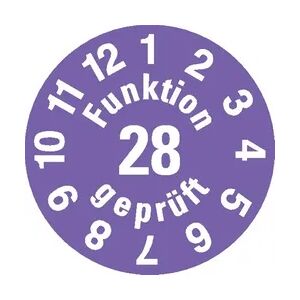 Dreifke® Prüfplakette Funktion gepr.28, violett, Dokumentenfolie, selbstkl., Ø 15mm, 60 Stk.