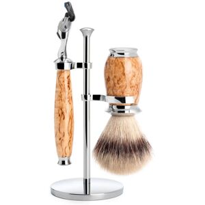 Mühle Barbersæt med Fusion Skraber, Silvertip Fibre® Barberkost og Holder, Purist, Karelian Burl Birk