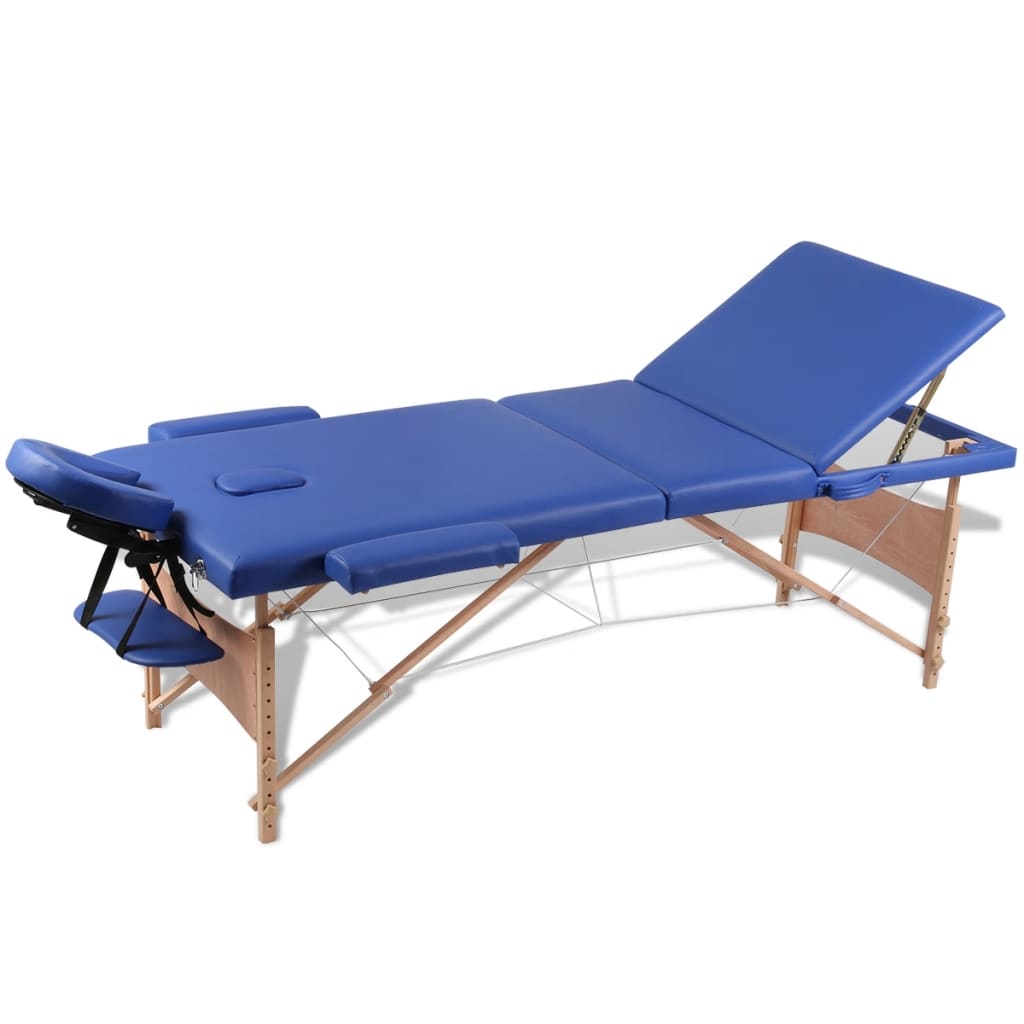 vidaXL Mesa camilla de masaje de madera plegable de tres cuerpos azules