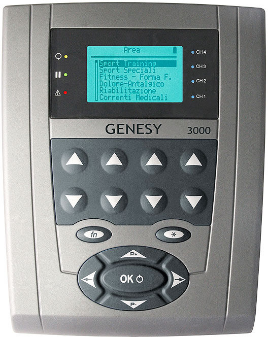 Electroestimulador Genesy 3000 com quatro canais e 423 programas: ideal para tratamento da dor, cura de tecidos e tratamento de disfunções neuromusculares