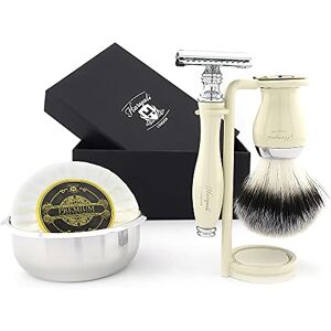 Haryali London Shaving Kit – 5 Pc Shaving Kit – Double Edge Safety Razor - Synthetic Hair Shaving Brush – Shaving Soap – Shaving Bowl – Shaving Stand – Ivory Color Shaving Set as Gift