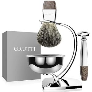 GRUTTI Shaving Set, Deluxe Chrome Razor and Brush Stand with Soap Bowl and Badger Hair Shaving Brush and Safety Razor (Double Edge & Badger Hair Version)