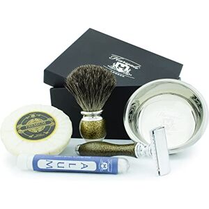 Haryali London Mens Shaving Kit, 5pc Shaving Brush Set, Gold Antique, Grooming Set, Badger Hair Shaving Brush, Double Edge Safety Razor, Shaving Soap and Stainless Steel Bowl, Aftershave Alum Stick