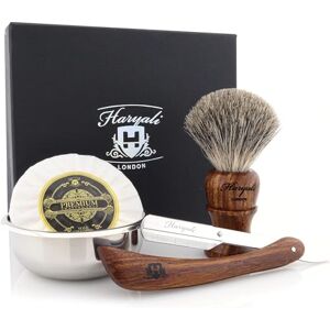 Haryali London Cut Throat Razor Wooden Shaving Kit, Black Badger Brush, Soap & Bowl, Sustainable as Gift Set